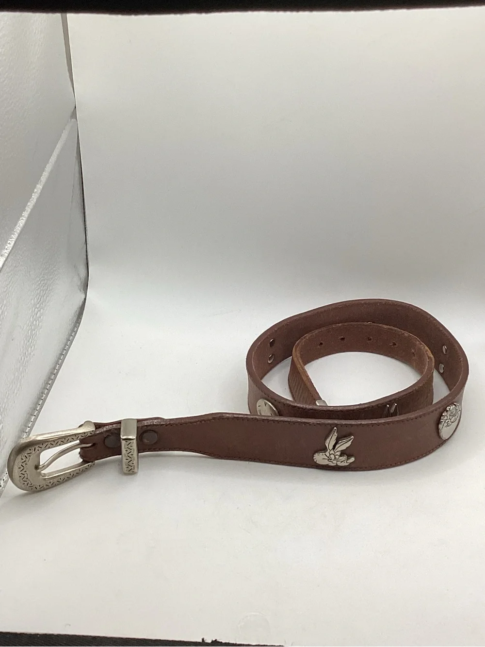 Warner Bros. Brown Leather Kids Belt with Silver Buckle and Studs